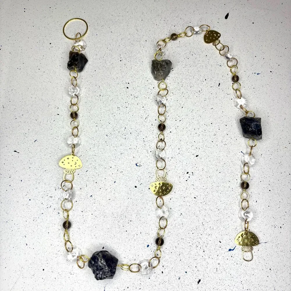 Raw Smoky Quartz Hanging | Gold Celestial Mushroom Charm | Grounding Stone Gift